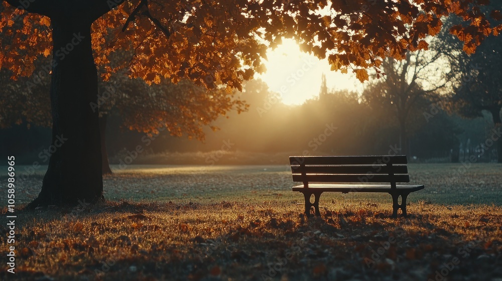 Serene Autumn Scene with Bench Beneath Tree Serene Autumn Scene with Bench Beneath Tree