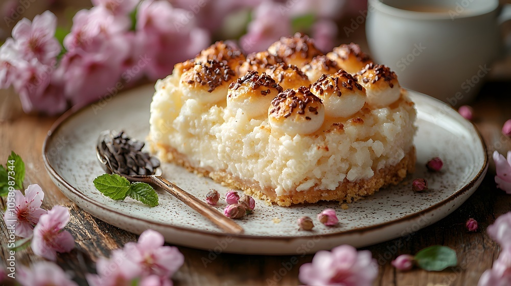 Delicious slice of coconut rice cake with cream and coffee on a rustic plate Delicious slice of coconut rice cake with cream and coffee on a rustic plate