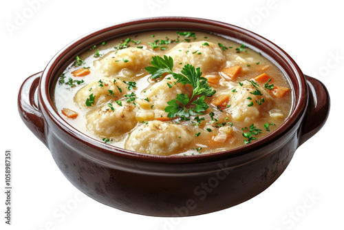 Chicken and dumpling stew with herbs, PNG isolated on transparent background, white background.