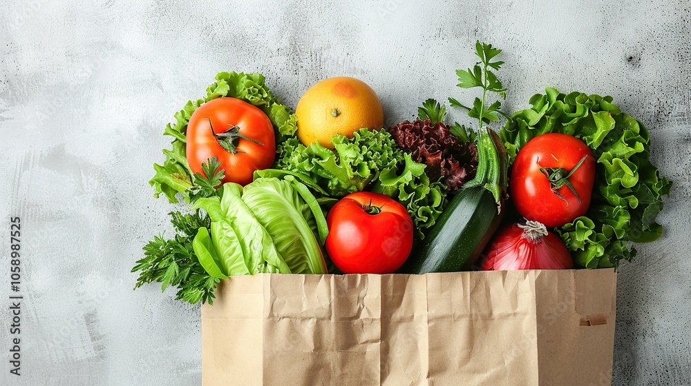 A paper bag filled with fresh vegetables, including tomatoes, lettuce, zucchini, and onion, on a grey background. A paper bag filled with fresh vegetables, including tomatoes, lettuce, zucchini, and onion, on a grey background.