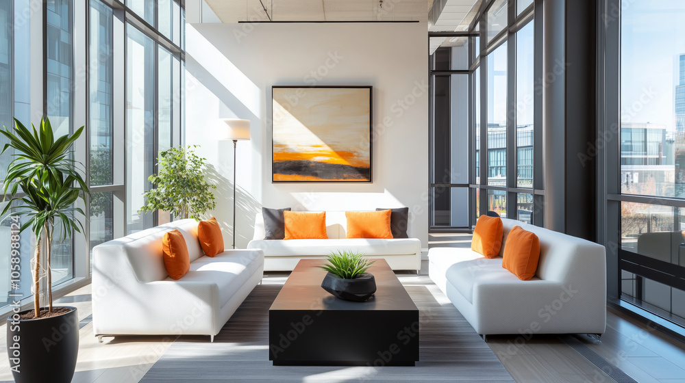 Fototapeta premium Minimalist interior design of modern living room with white sofas and vibrant orange accents