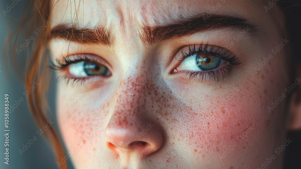 Fototapeta premium A person blushing with embarrassment, cheeks flushed, and eyes looking downwards