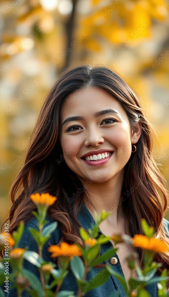 Happy Woman Smiling in a Garden with Flowers Happy Woman Smiling in a Garden with Flowers