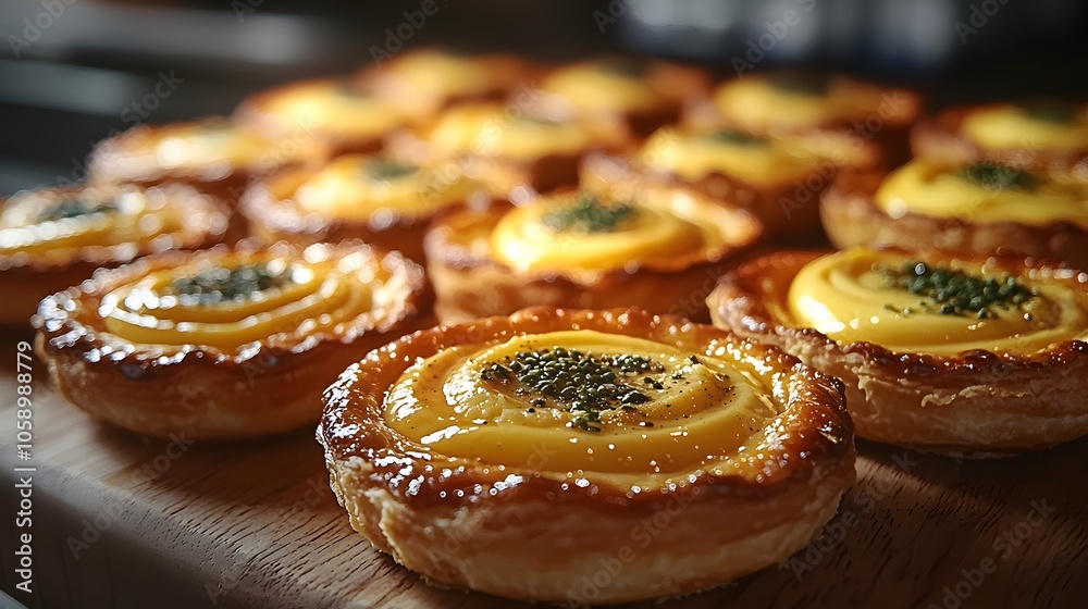 Delicious custard tarts on wooden board in warm kitchen lighting for baking enthusiasts Delicious custard tarts on wooden board in warm kitchen lighting for baking enthusiasts