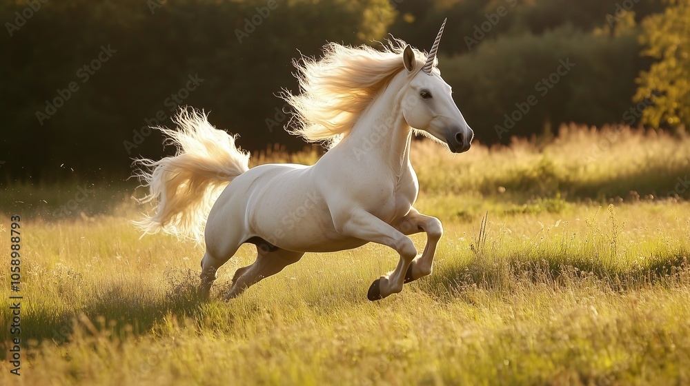 A white unicorn gallops through a field of tall grass, its mane and tail flowing in the wind A white unicorn gallops through a field of tall grass, its mane and tail flowing in the wind