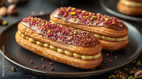 Gourmet eclairs with chocolate glaze and pistachio on elegant black plate photo