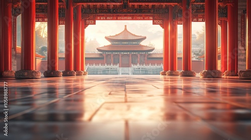 Traditional Chinese Architecture with Platform, Road, and Parking Area on Brick Surface for Automotive Advertisement Featuring Blank Background photo