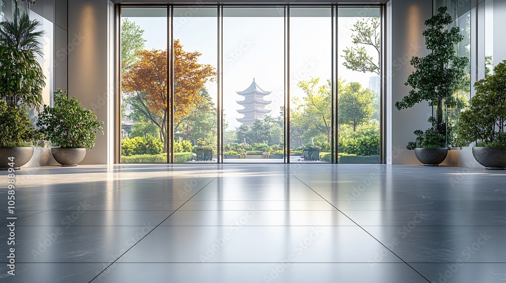 Fototapeta premium Traditional Chinese Architecture with Platform, Road, and Parking Area on Brick Surface for Automotive Advertisement Featuring Blank Background