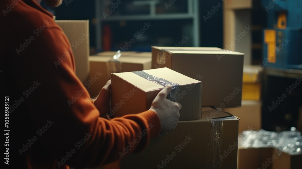 Person Preparing Boxes for Shipping in Warehouse Setting Person Preparing Boxes for Shipping in Warehouse Setting