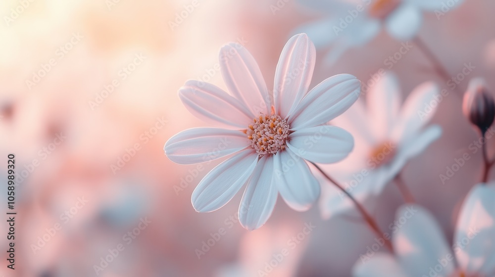 A delicate white flower stands out in a tranquil garden at sunrise, surrounded by soft pastel hues. The gentle light enhances the beauty of its petals, creating a serene and calming atmosphere.