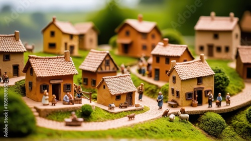 A charming miniature village scene with detailed clay houses, a bridge, and tiny figures, capturing the essence of rural life. Ideal for collectors and diorama enthusiasts.