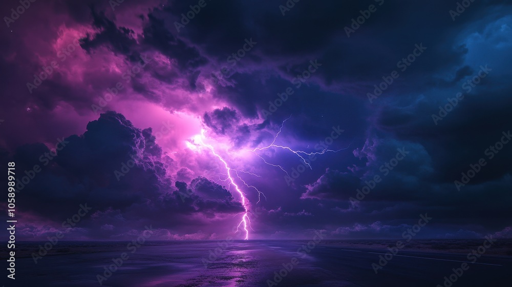 Dramatic Lightning Strike Over Calm Ocean Waters Dramatic Lightning Strike Over Calm Ocean Waters