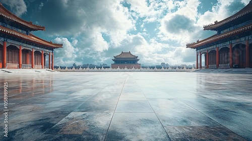 Traditional Chinese Architecture with Platform, Road, and Parking Area on Brick Surface for Automotive Advertisement Featuring Blank Background photo