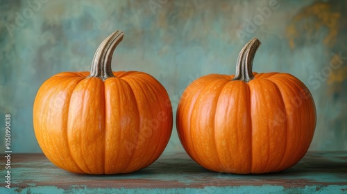 two glowing orange pumpkins brilliantly illuminated against a serene turquoise backdrop, conveying a magical autumn atmosphere filled with whimsy and seasonal charm