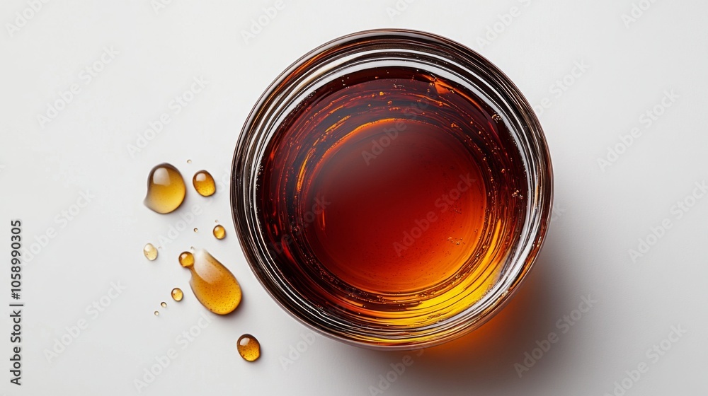 Golden Syrup in a Glass Bowl with Drops on White Background Golden Syrup in a Glass Bowl with Drops on White Background