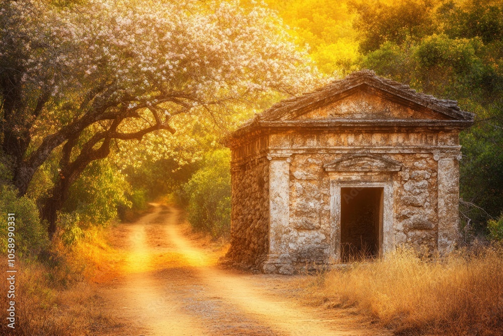 Serene Pathway Lined with Blooming Trees at Sunset