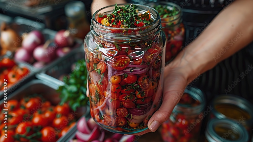 Person holding a jar of preserved tomatoes, red onions and herbs, with other jars and tomatoes in the background. Person holding a jar of preserved tomatoes, red onions and herbs, with other jars and tomatoes in the background.