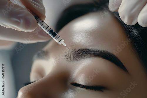 A woman getting a botox shot on her forehead in a beauty salon