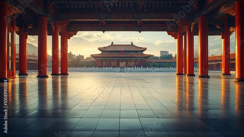 Traditional Chinese Architecture with Platform, Road, and Parking Area on Brick Surface for Automotive Advertisement Featuring Blank Background photo