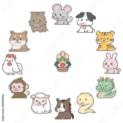 干支のイメージ, ドット絵, 十二支と門松