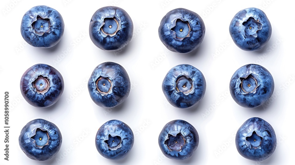 A flat lay of twelve blueberries arranged in a grid pattern on a white background. A flat lay of twelve blueberries arranged in a grid pattern on a white background.