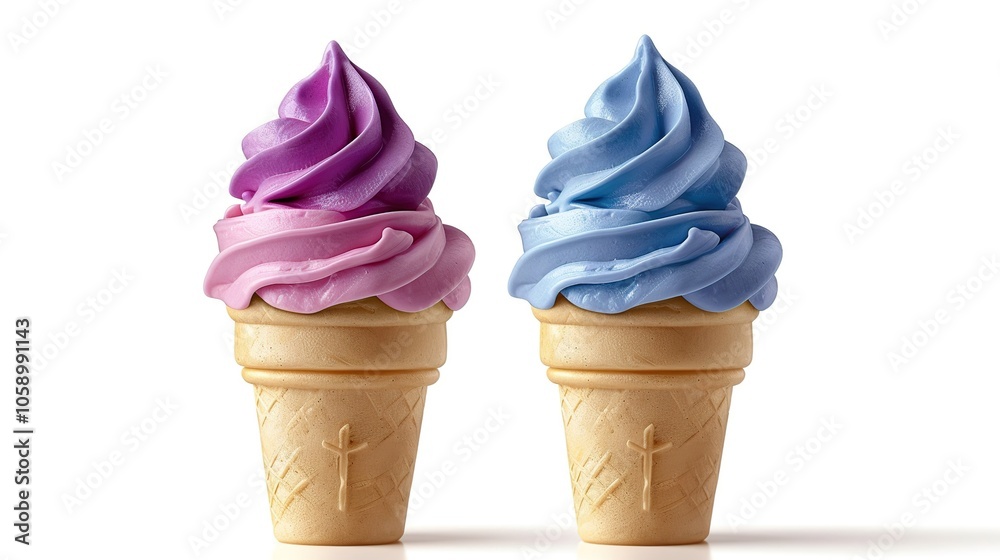 Two ice cream cones with purple and blue soft serve ice cream on a white background. Two ice cream cones with purple and blue soft serve ice cream on a white background.