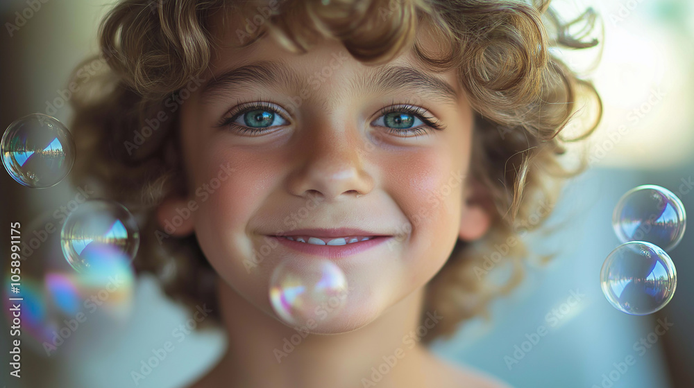 Child smiling while blowing bubbles, with focus on the smile and blurred bubbles adding a soft, playful touch Child smiling while blowing bubbles, with focus on the smile and blurred bubbles adding a soft, playful touch