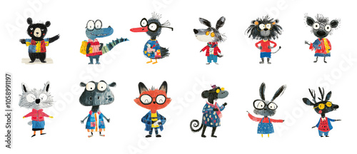 A set of childish crayon illustrations of cute baby animals wearing warm winter clothes. A collection of funny zoo animal cubs isolated on white. AI-generated clip art