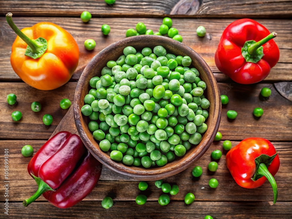 Frozen Green Peas and Bell Peppers - Rustic Kitchen Table Top View Frozen Green Peas and Bell Peppers - Rustic Kitchen Table Top View
