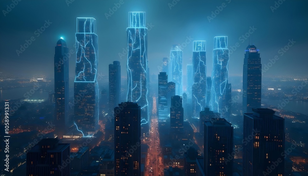Fototapeta premium Skyscrapers and neon lit cities at night in the future