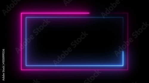 Flickering neon frame on an isolated black background. Ultraviolet modern light neon spectrum. abstract glowing neon rectangle border frame in the shape rectangle glowing . 4k video.