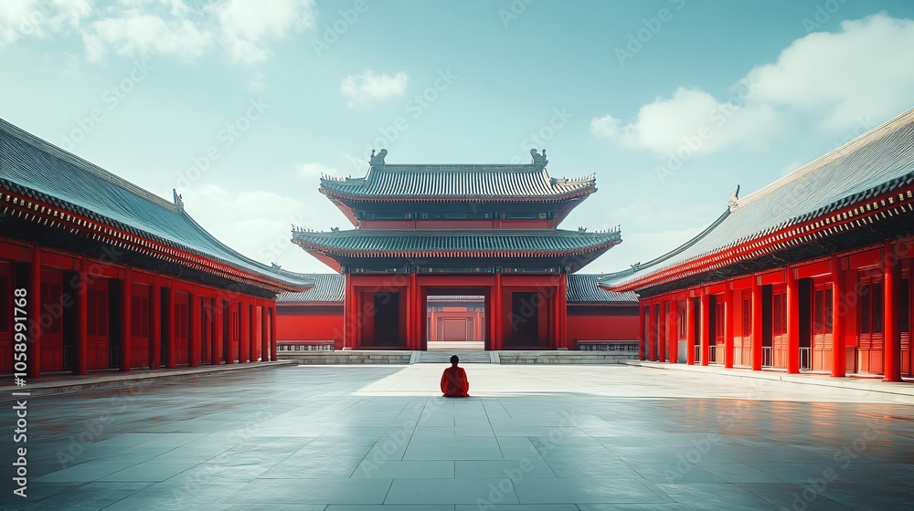 Obraz premium Traditional Chinese Architecture with Platform, Road, and Parking Area on Brick Surface for Automotive Advertisement Featuring Blank Background