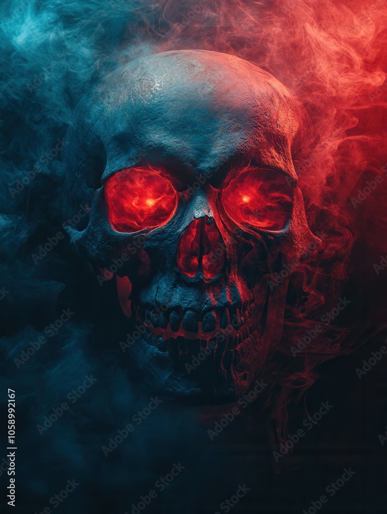 The striking skull features glowing red eyes, surrounded by swirling blue and red smoke, creating an eerie atmosphere. The striking skull features glowing red eyes, surrounded by swirling blue and red smoke, creating an eerie atmosphere.