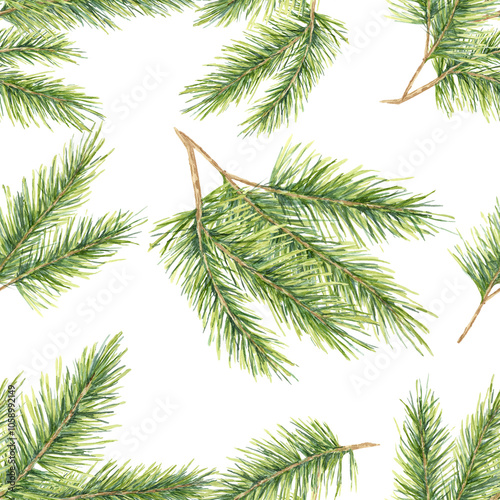 Spruce branches with green needles in a seamless watercolor pattern. Pine, fir, cedar illustration works perfectly for festive textiles, gift wrap, holiday-themed home decor, or product packaging