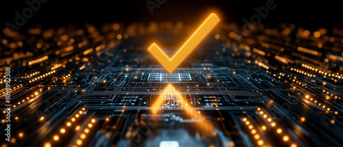 Digital Checkmark on Circuit Board. photo