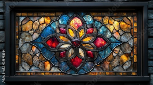 The stained glass window showcases a stunning floral pattern made up of rich colors like red, blue, and yellow. photo