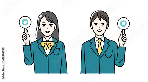 まるばつ札をあげる高校生の男女のイラスト