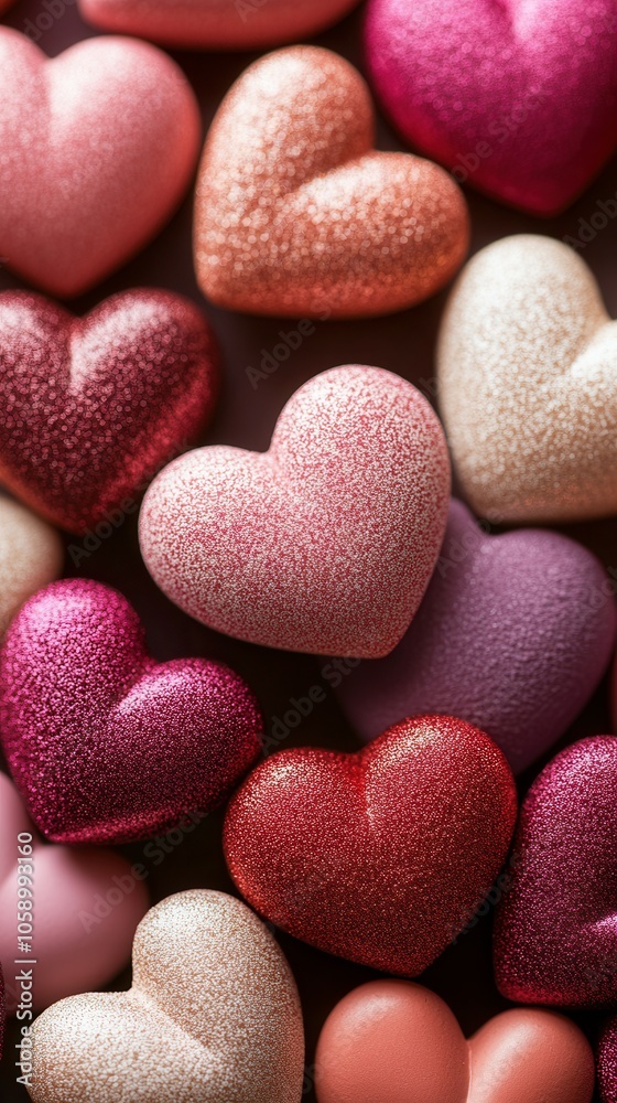 Fototapeta premium A collection of glittery hearts in shades of pink, red, and purple is displayed together, creating a vibrant, festive atmosphere. The arrangement highlights the colors and textures, perfect for celebr
