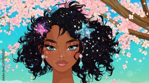 Starry-Eyed Mixed Race Girl Amid Cherry Blossoms