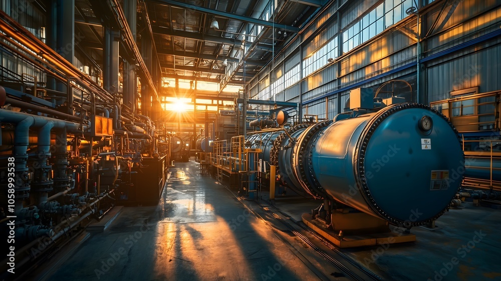 Fototapeta premium Industrial sunrise captivating light play in a modern factory setting with machinery and pipelines amidst the dawn glow