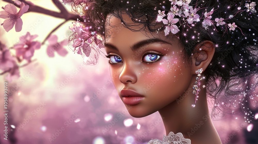 Starry-Eyed Mixed Race Girl Amid Cherry Blossoms Starry-Eyed Mixed Race Girl Amid Cherry Blossoms