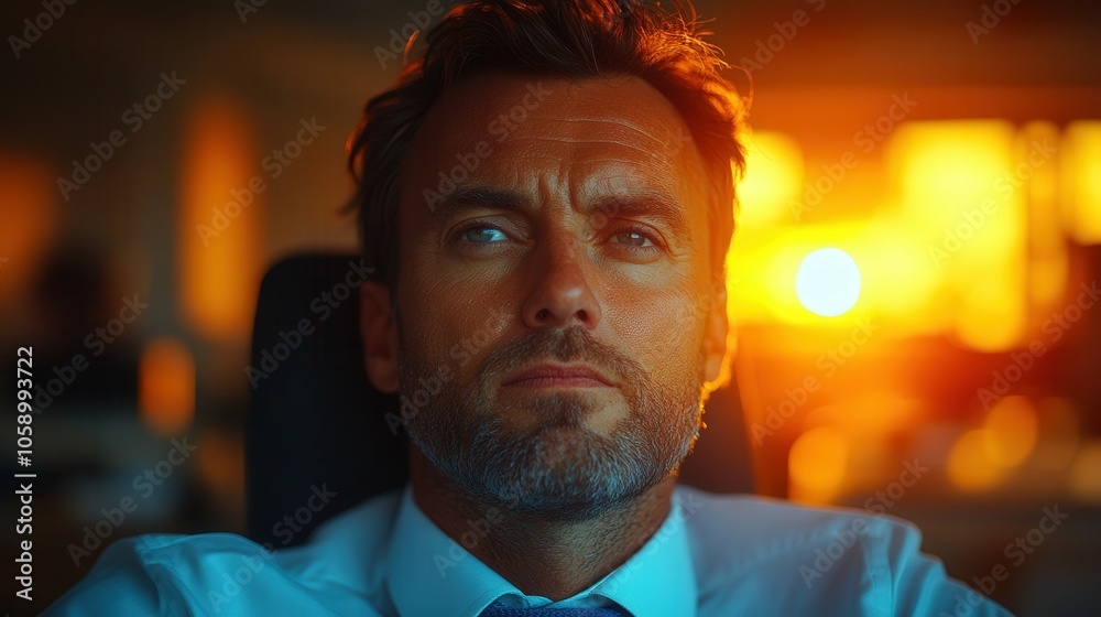 In a dimly lit office, a man dressed in formal attire sits thoughtfully, gazing out the window as the soft glow of the sunset envelops the room, casting warm hues and creating a reflective atmosphere. In a dimly lit office, a man dressed in formal attire sits thoughtfully, gazing out the window as the soft glow of the sunset envelops the room, casting warm hues and creating a reflective atmosphere.