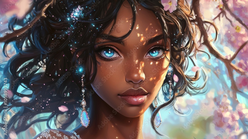 Starry-Eyed Mixed Race Girl Amid Cherry Blossoms Starry-Eyed Mixed Race Girl Amid Cherry Blossoms