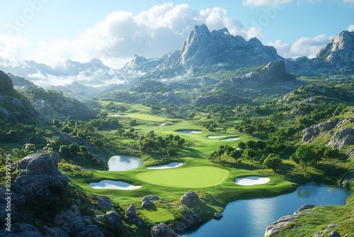 Mountain Golf Course with Green Fairway  Water Hazard  and Cloudy Sky