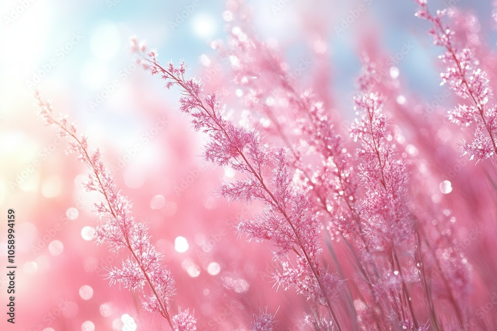 In a tranquil garden during spring, delicate pink flowers sway gently in the breeze. Sunlight filters through, creating a magical sparkle among the blooms, enhancing the scene's beauty and inviting a In a tranquil garden during spring, delicate pink flowers sway gently in the breeze. Sunlight filters through, creating a magical sparkle among the blooms, enhancing the scene's beauty and inviting a