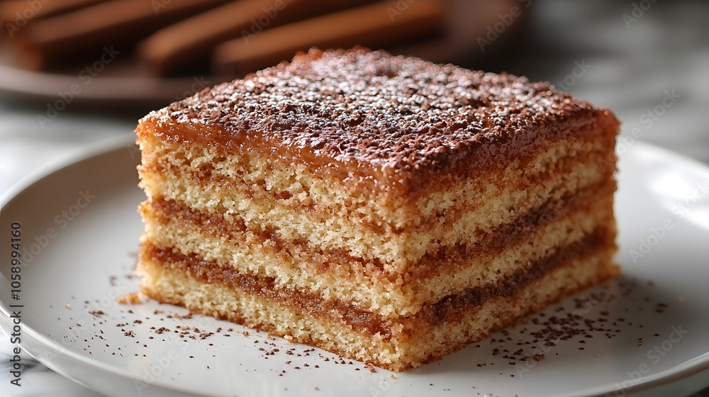 Delicious layered honey cake with cocoa dusting on a white plate Delicious layered honey cake with cocoa dusting on a white plate