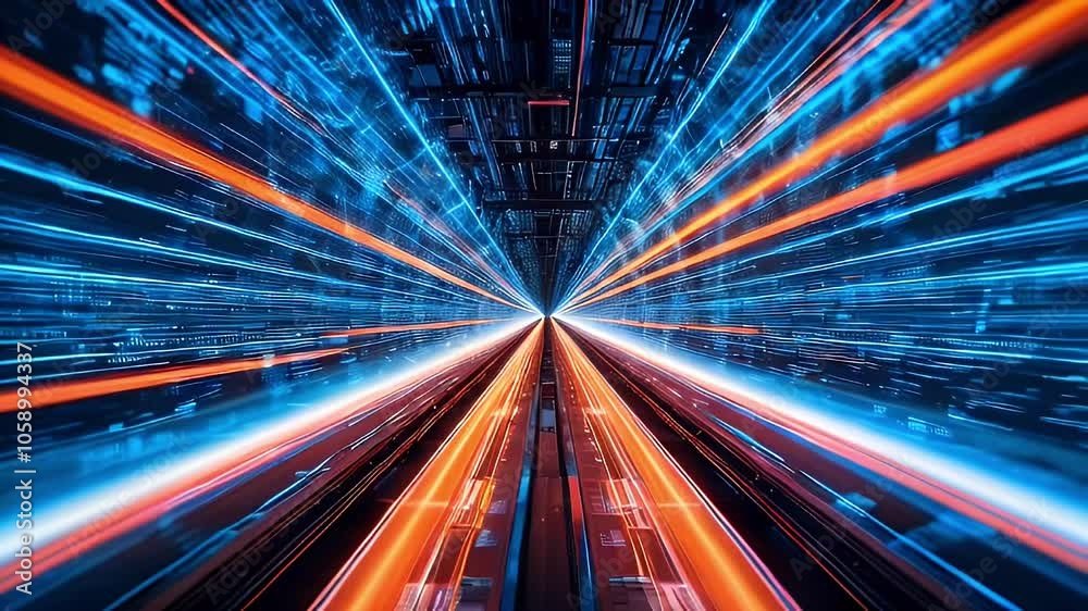 Futuristic tunnel with blue and orange lights.