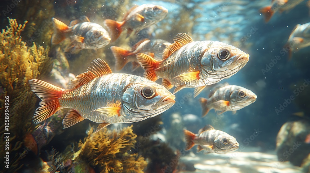 A school of silver and orange fish swim through a coral reef. A school of silver and orange fish swim through a coral reef.