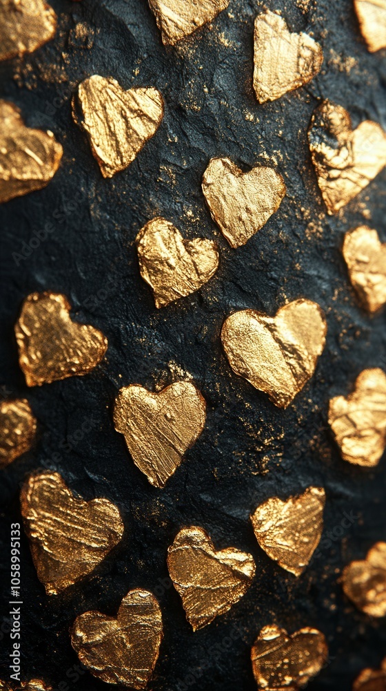 A textured black surface adorned with numerous golden heart shapes brings an elegant and warm touch to the composition. The shiny hearts stand out distinctly, adding a unique artistic flair to the des A textured black surface adorned with numerous golden heart shapes brings an elegant and warm touch to the composition. The shiny hearts stand out distinctly, adding a unique artistic flair to the des