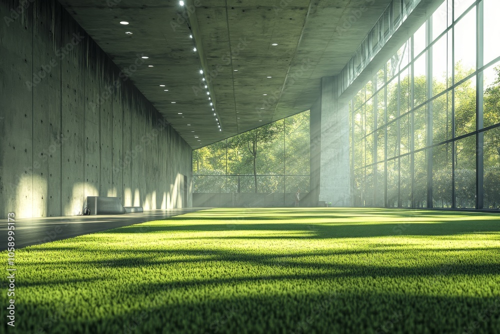 Modern Architecture with Green Grass Floor and Large Windows Modern Architecture with Green Grass Floor and Large Windows